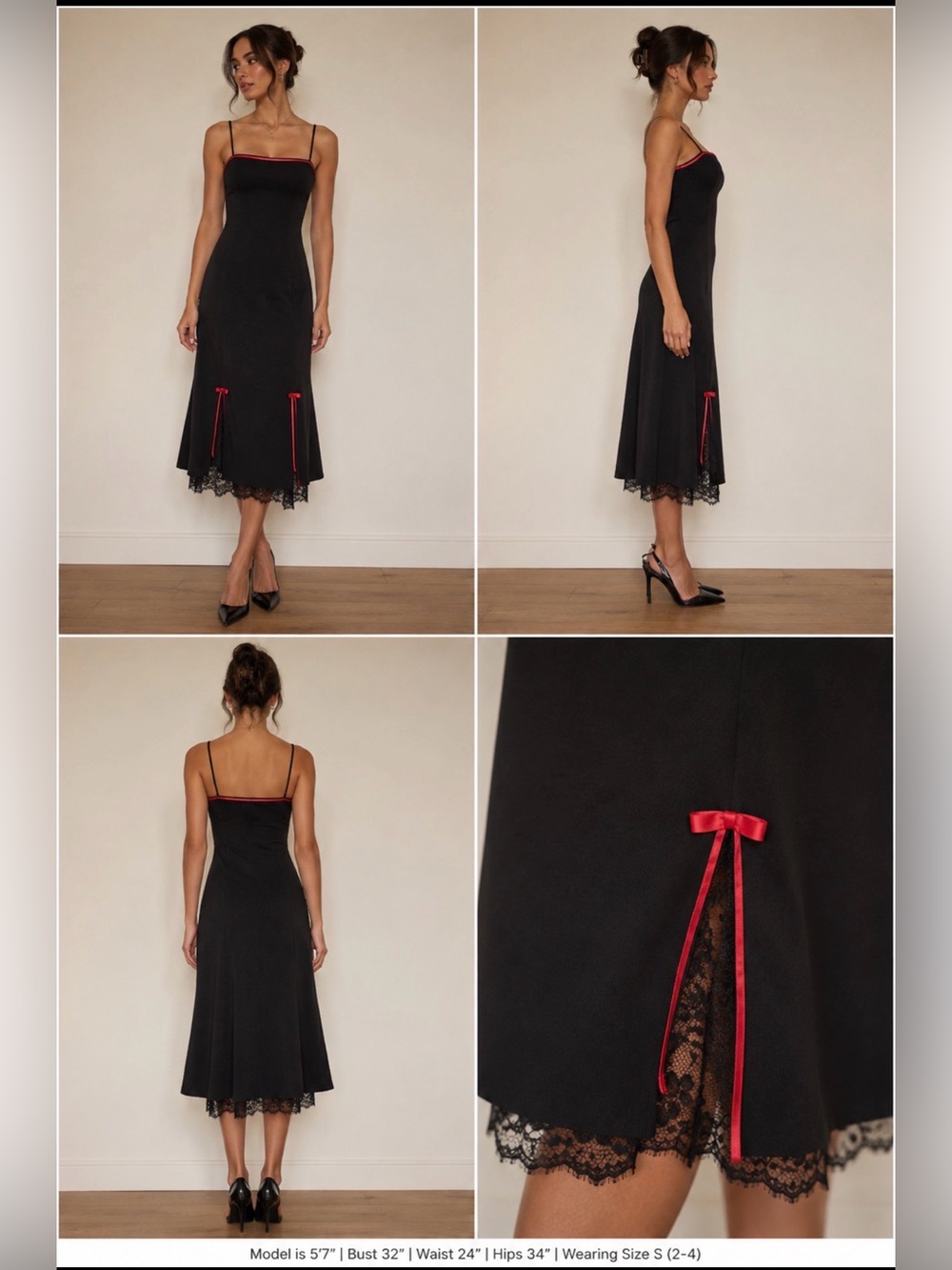 BCX Black Midi Dress Red Satin Trim Lace Hem Bow Detail Size 9 Y2K
